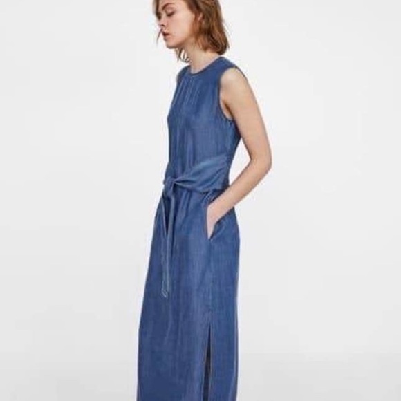 Zara Smocked Waist Maxi Sleeveless Tie Waist Chambray Denim Blue Dress Small - Picture 2 of 10